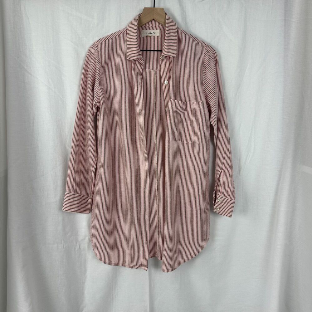 L Space Skipper Striped Top Women's Button Down Cover Up X-Small Red Cream Linen